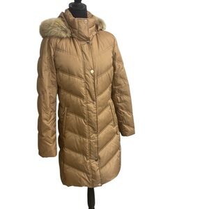 Michael Kors Camel Puffer Jacket with Faux Fur Hood